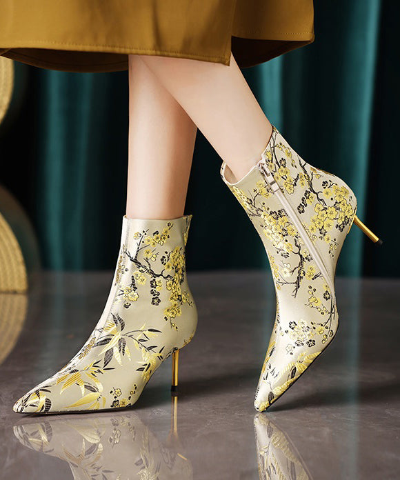 Chinese Style Handmade Embroidered Pointed Toe Slim Heel Short Boots CZ1023 Ada Fashion