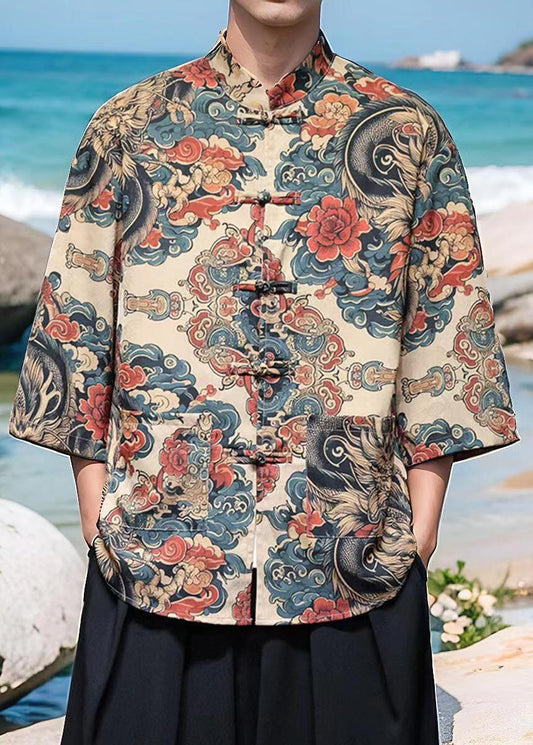 Chinese Style Khaki Print Print Ice Silk Mens Shirt Bracelet Sleeve YT084 Men-Silk-MENLTP240721