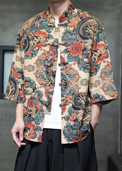 Chinese Style Khaki Print Print Ice Silk Mens Shirt Bracelet Sleeve YT084 Men-Silk-MENLTP240721