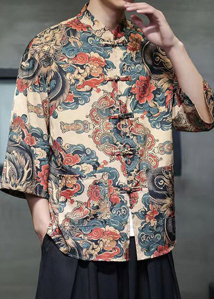 Chinese Style Khaki Print Print Ice Silk Mens Shirt Bracelet Sleeve YT084 Men-Silk-MENLTP240721