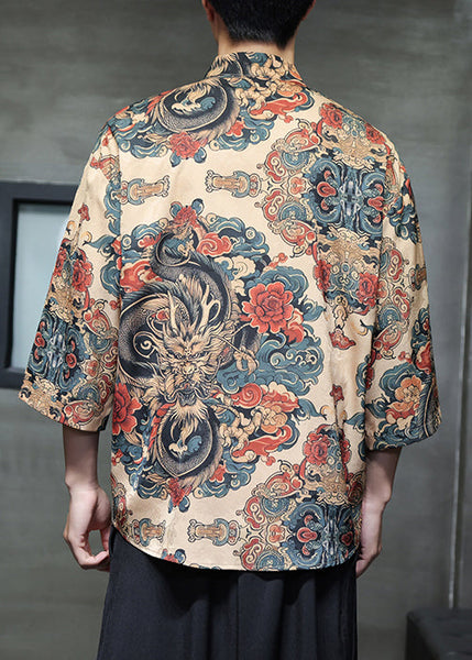 Chinese Style Khaki Print Print Ice Silk Mens Shirt Bracelet Sleeve YT084 Men-Silk-MENLTP240721