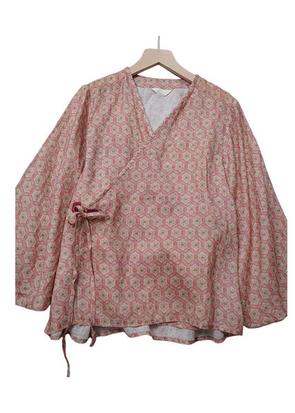 Chinese Style Light Green V Neck Print Tie Waist Top Long Sleeve AM1052 Genistyle Shop