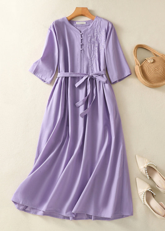 Chinese Style Light Purple Embroidered Tie Waist Cotton Dress Summer AM1051 Genistyle Shop