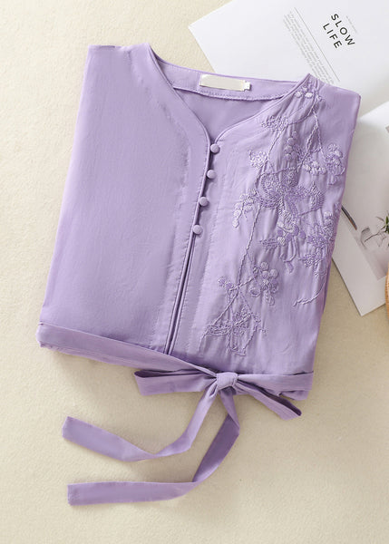 Chinese Style Light Purple Embroidered Tie Waist Cotton Dress Summer AM1051 Genistyle Shop