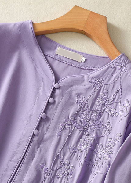 Chinese Style Light Purple Embroidered Tie Waist Cotton Dress Summer AM1051 Genistyle Shop