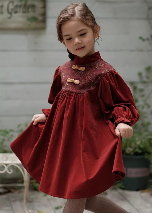 Chinese Style Mulberry Stand Collar Embroideried Corduroy Girls Long Dress Spring YE018 ABC