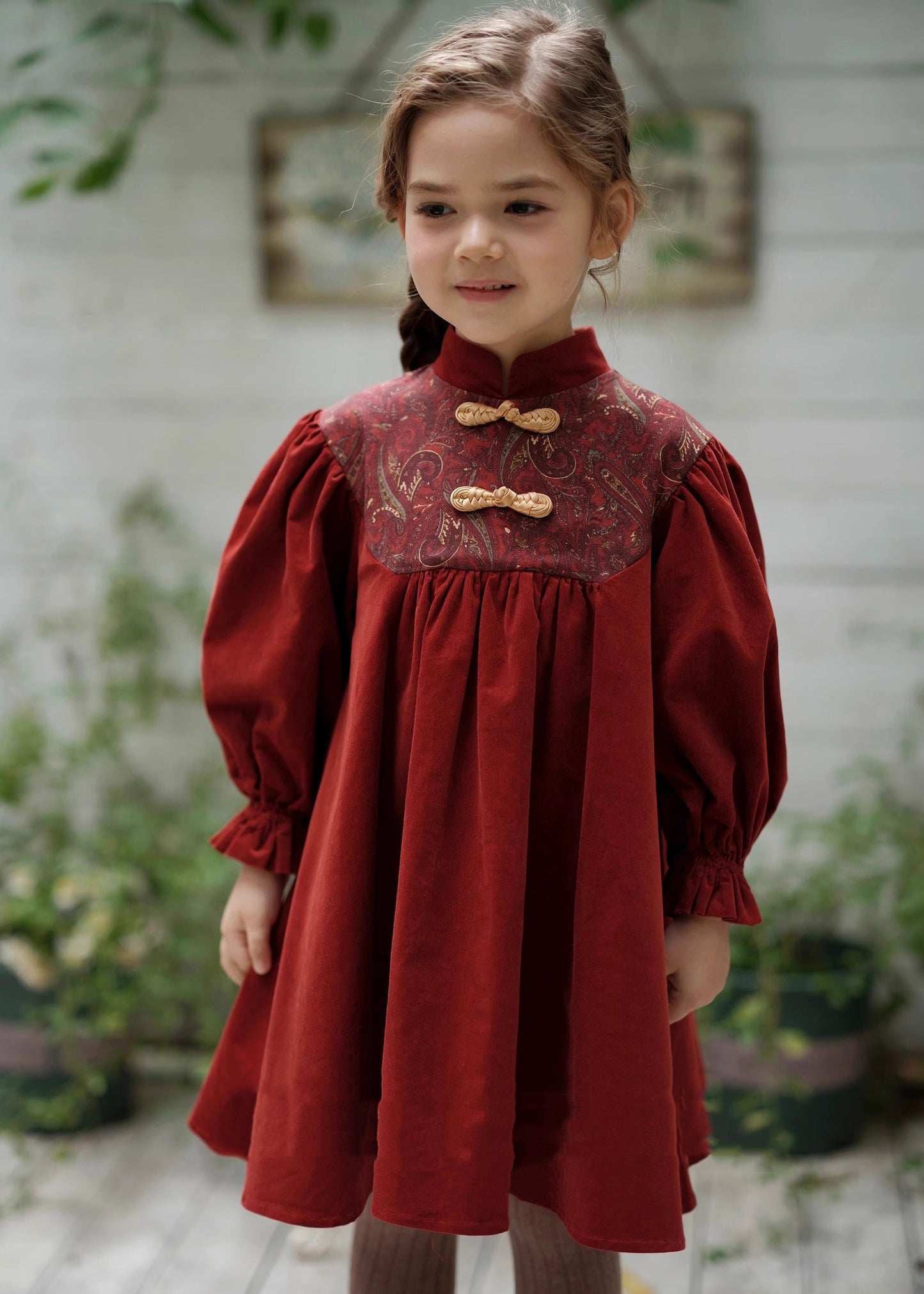 Chinese Style Mulberry Stand Collar Embroideried Corduroy Girls Long Dress Spring YE018 ABC
