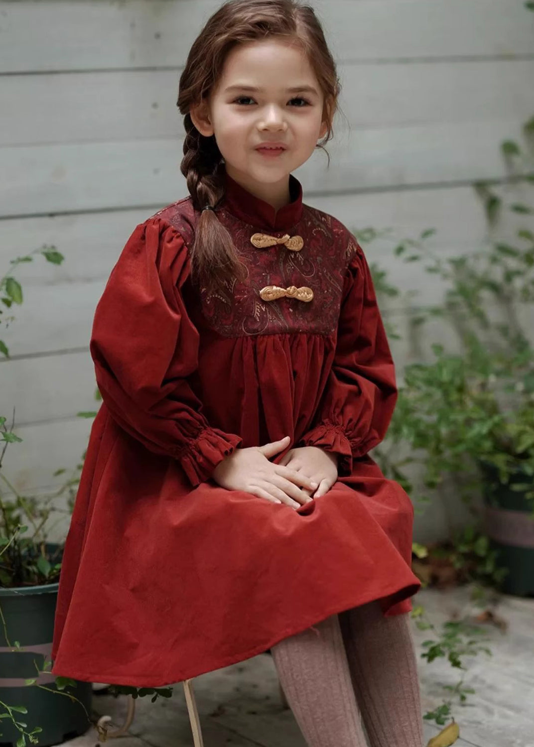 Chinese Style Mulberry Stand Collar Embroideried Corduroy Girls Long Dress Spring YE018 ABC