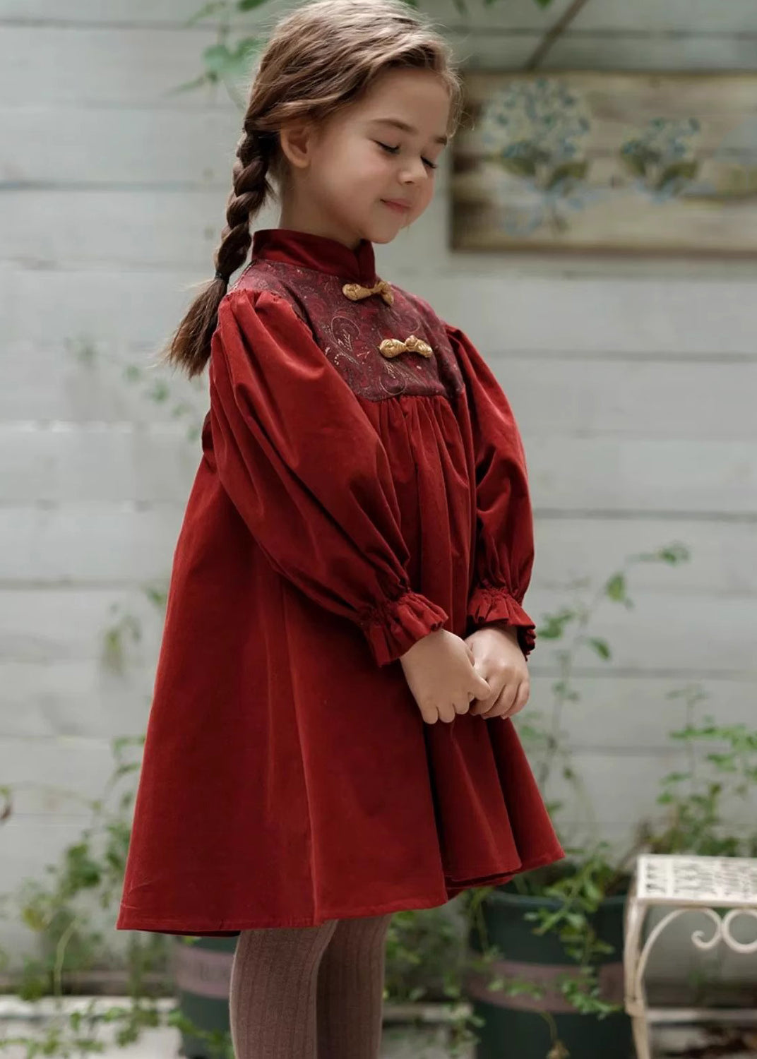 Chinese Style Mulberry Stand Collar Embroideried Corduroy Girls Long Dress Spring YE018 ABC