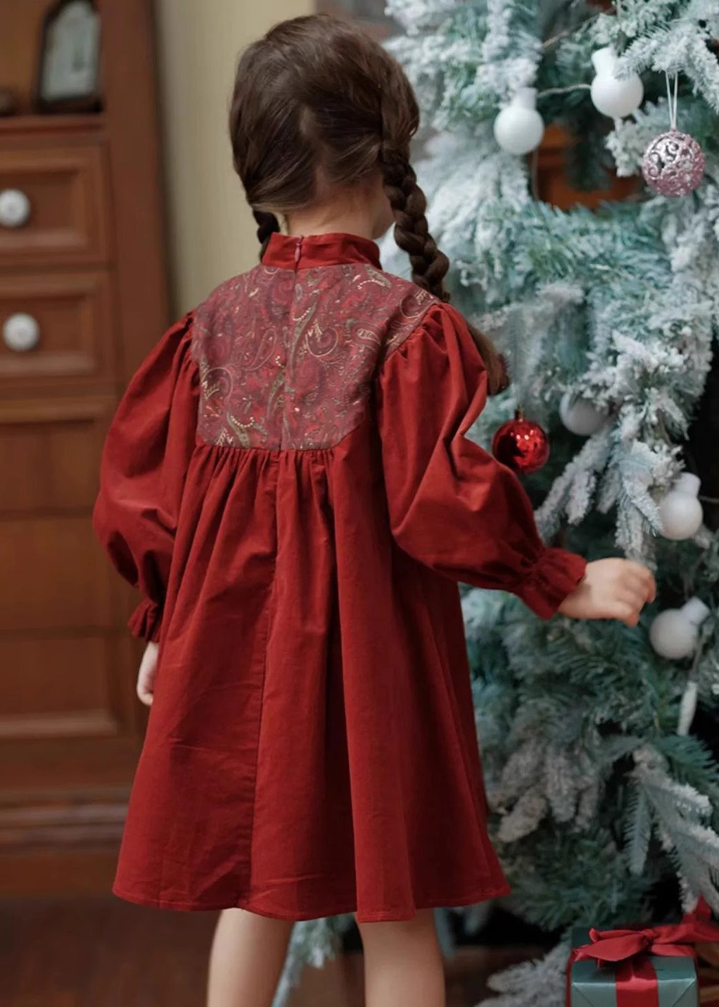 Chinese Style Mulberry Stand Collar Embroideried Corduroy Girls Long Dress Spring YE018 ABC