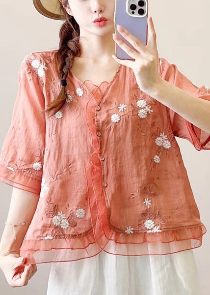 Ruffled Embroidered Style Orange Linen Blouses Chinese Half FashionChic