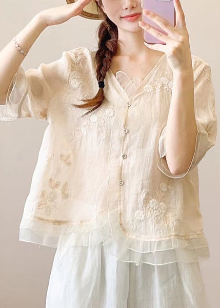 Ruffled Embroidered Style Orange Linen Blouses Chinese Half FashionChic