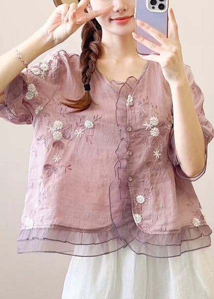 Ruffled Embroidered Style Orange Linen Blouses Chinese Half FashionChic