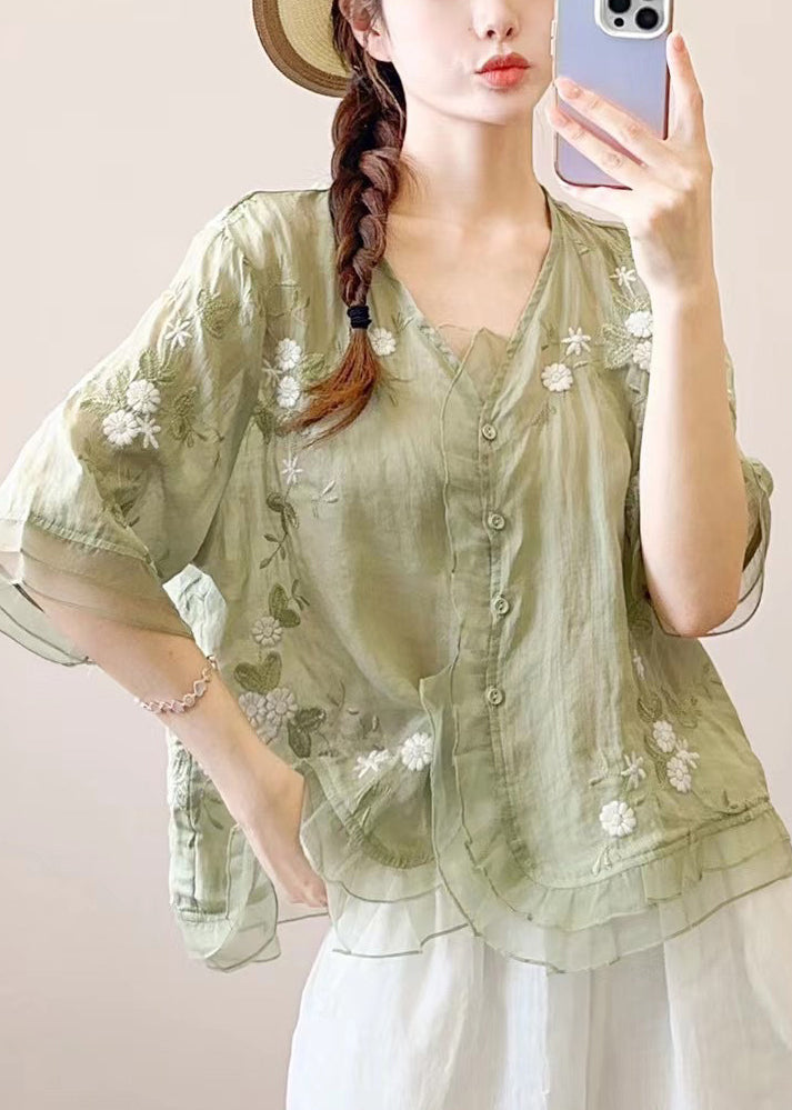 Ruffled Embroidered Style Orange Linen Blouses Chinese Half FashionChic