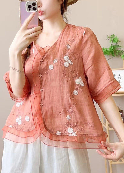 Ruffled Embroidered Style Orange Linen Blouses Chinese Half FashionChic