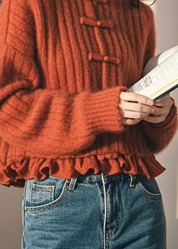 Chinese Style Orange Ruffled Oriental Button Knit Sweaters Spring TN050 ABC