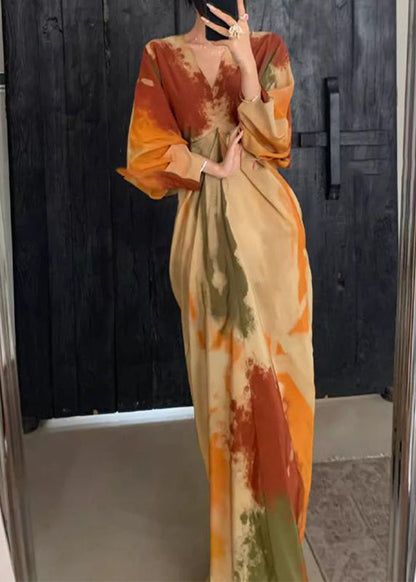 Chinese Style Orange V Neck Tie Dye Maxi Dress Spring RP019 ABC