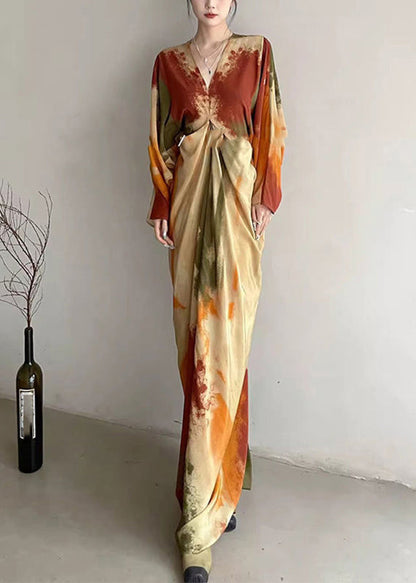 Chinese Style Orange V Neck Tie Dye Maxi Dress Spring RP019 ABC