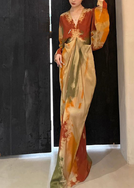 Chinese Style Orange V Neck Tie Dye Maxi Dress Spring RP019 ABC