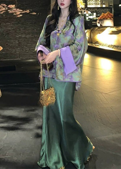 Chinese Style Peacock Blue V Neck Print Silk Shirts And Wide Leg Pants Two Pieces Set Spring UU1053 SH-LF-TPIEC240526