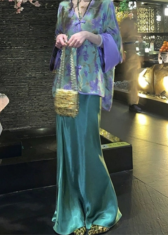 Chinese Style Peacock Blue V Neck Print Silk Shirts And Wide Leg Pants Two Pieces Set Spring UU1053 SH-LF-TPIEC240526