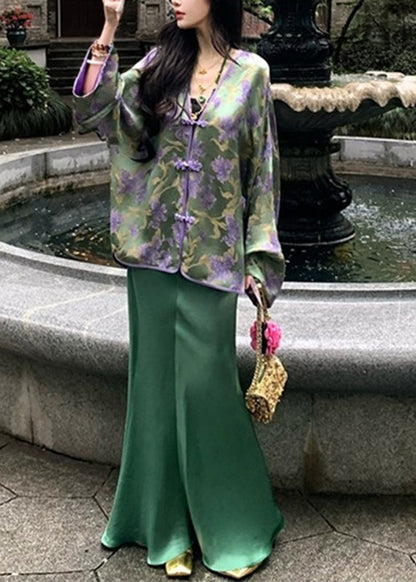 Chinese Style Peacock Blue V Neck Print Silk Shirts And Wide Leg Pants Two Pieces Set Spring UU1053 SH-LF-TPIEC240526