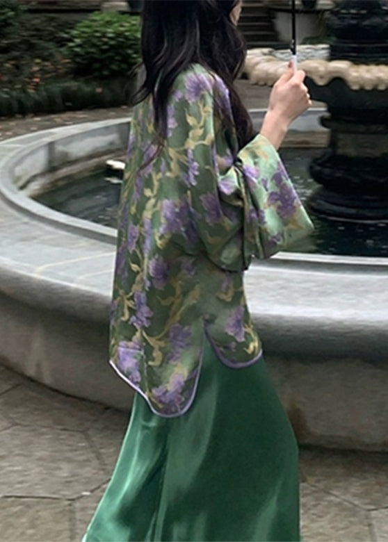 Chinese Style Peacock Blue V Neck Print Silk Shirts And Wide Leg Pants Two Pieces Set Spring UU1053 SH-LF-TPIEC240526