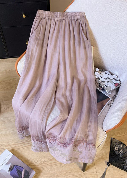 Waist Embroidered Style Patchwork Pink Leg Chinese Elastic Wide FashionChic