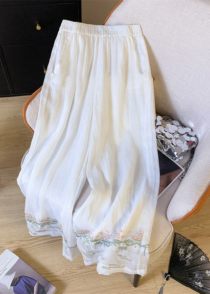 Waist Embroidered Style Patchwork Pink Leg Chinese Elastic Wide FashionChic