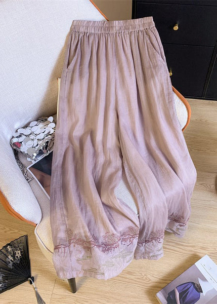 Waist Embroidered Style Patchwork Pink Leg Chinese Elastic Wide FashionChic