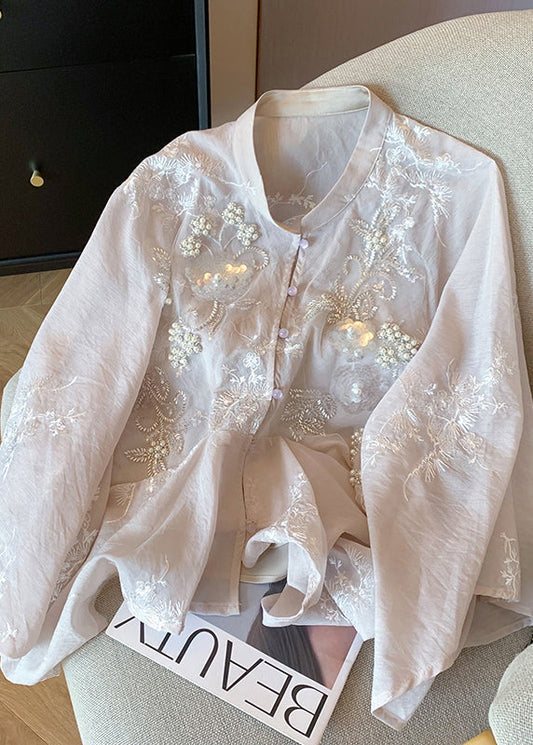 Chinese Style Pink Embroidered Sequins Nail Bead Cotton Shirt Spring YF017 ABC