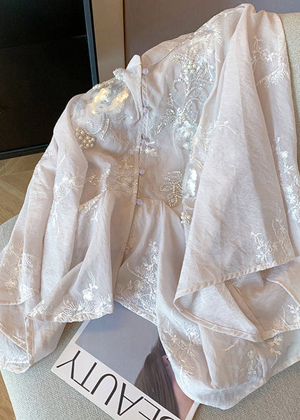 Chinese Style Pink Embroidered Sequins Nail Bead Cotton Shirt Spring YF017 ABC