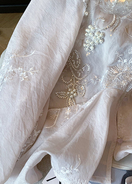 Chinese Style Pink Embroidered Sequins Nail Bead Cotton Shirt Spring YF017 ABC