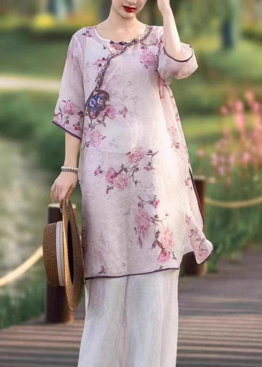 Embroidered Style Dress Pink Summer Linen Side Chinese Open FashionChic