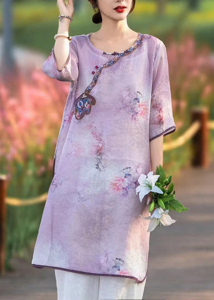 Embroidered Style Dress Pink Summer Linen Side Chinese Open FashionChic