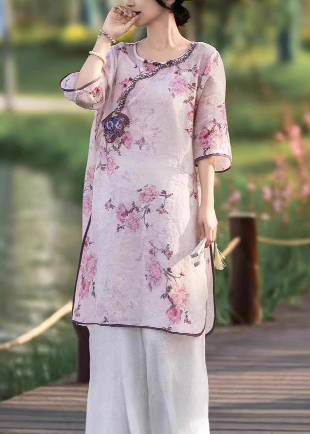 Embroidered Style Dress Pink Summer Linen Side Chinese Open FashionChic