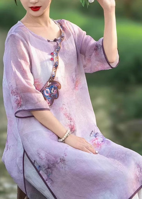 Embroidered Style Dress Pink Summer Linen Side Chinese Open FashionChic