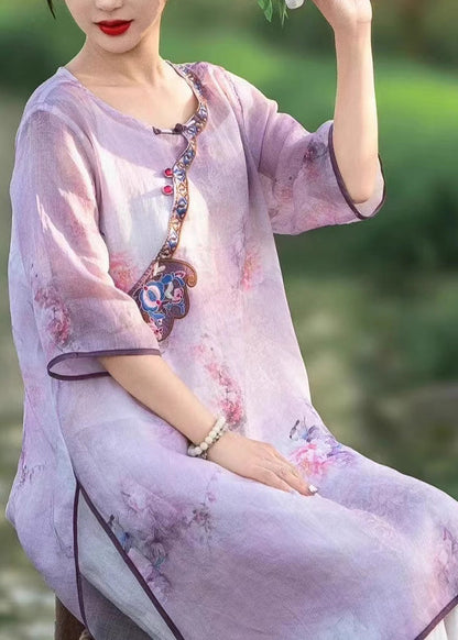 Embroidered Style Dress Pink Summer Linen Side Chinese Open FashionChic