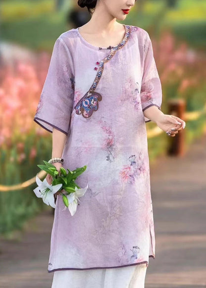 Embroidered Style Dress Pink Summer Linen Side Chinese Open FashionChic