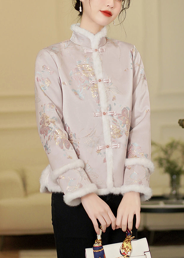 Chinese Style Pink Fur Collar Button Patchwork Thick Parka Winter QG030 OM-DJK241016