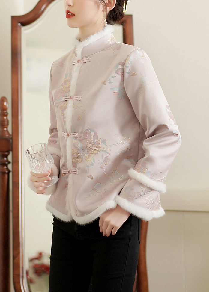 Chinese Style Pink Fur Collar Button Patchwork Thick Parka Winter QG030 OM-DJK241016