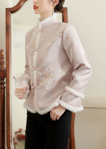 Chinese Style Pink Fur Collar Button Patchwork Thick Parka Winter QG030 OM-DJK241016