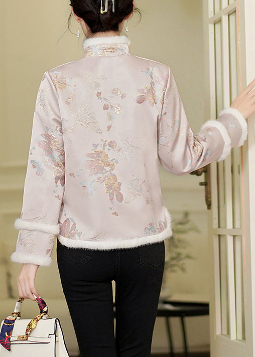 Chinese Style Pink Fur Collar Button Patchwork Thick Parka Winter QG030 OM-DJK241016