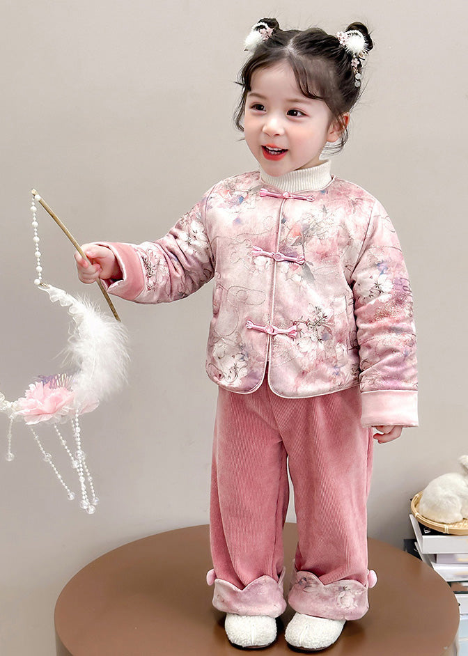 Chinese Style Pink O-Neck Patchwork Button Girls Thick Parka And Pants Two Piece Set Winter TR026 ABC