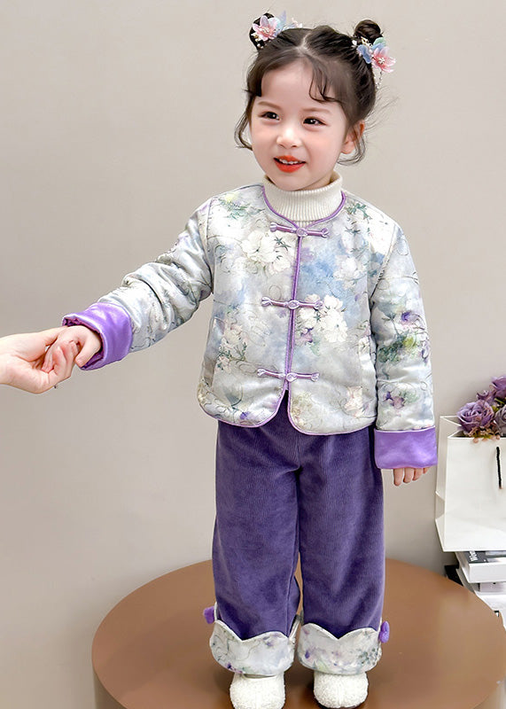 Chinese Style Pink O-Neck Patchwork Button Girls Thick Parka And Pants Two Piece Set Winter TR026 ABC