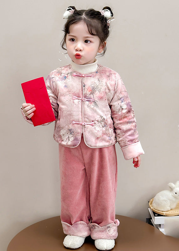 Chinese Style Pink O-Neck Patchwork Button Girls Thick Parka And Pants Two Piece Set Winter TR026 ABC