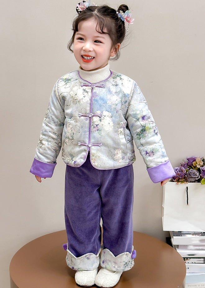 Chinese Style Pink O-Neck Patchwork Button Girls Thick Parka And Pants Two Piece Set Winter TR026 ABC