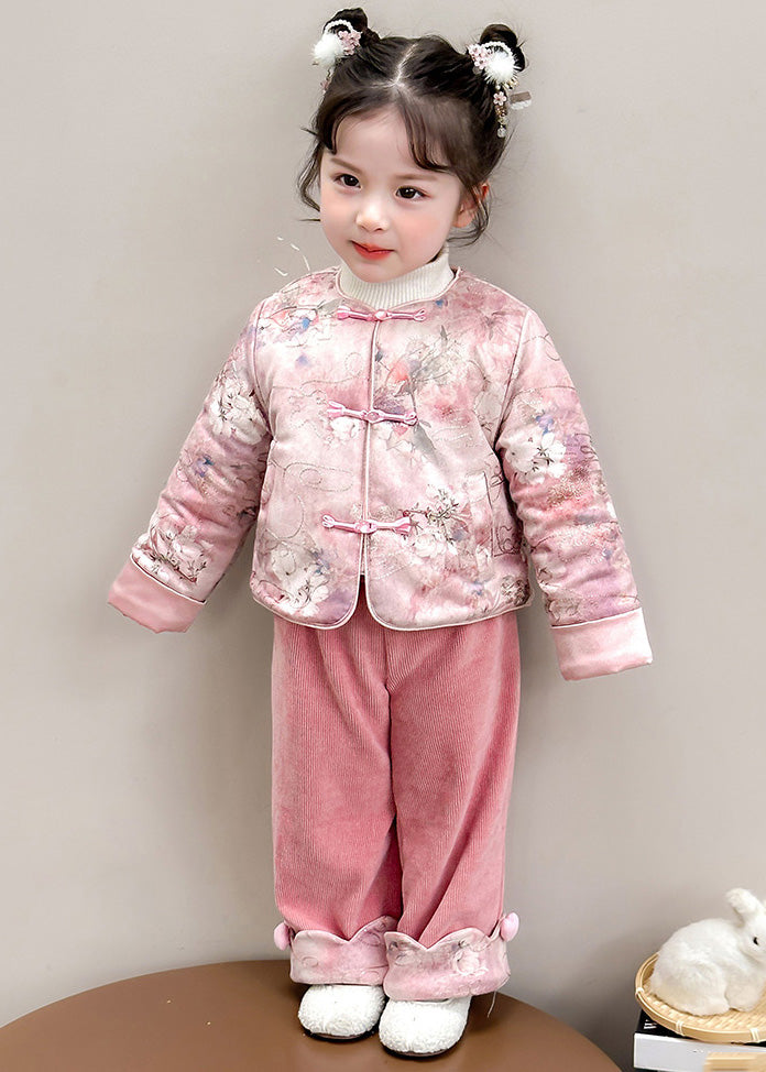 Chinese Style Pink O-Neck Patchwork Button Girls Thick Parka And Pants Two Piece Set Winter TR026 ABC