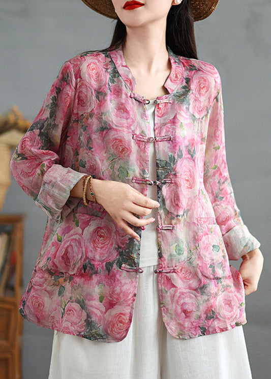 Chinese Style Pink Print Oriental Button Linen Shirts Coat Fall QO080 OM-ZS241008