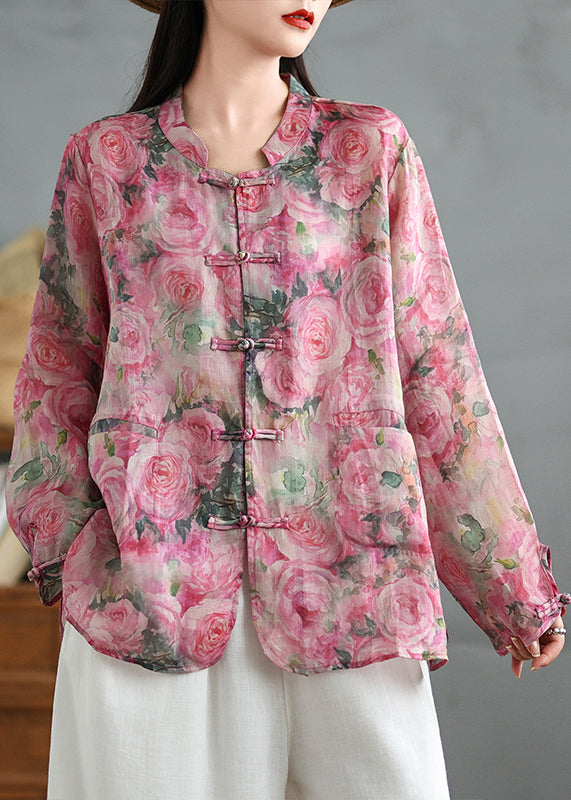 Chinese Style Pink Print Oriental Button Linen Shirts Coat Fall QO080 OM-ZS241008